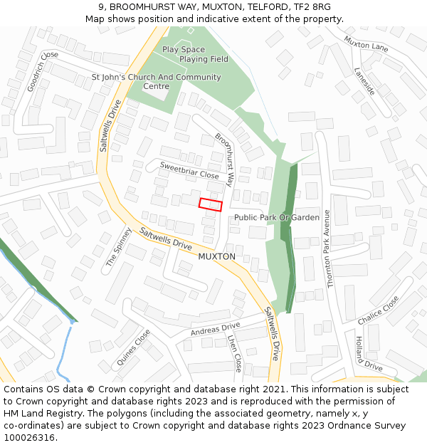 9, BROOMHURST WAY, MUXTON, TELFORD, TF2 8RG: Location map and indicative extent of plot
