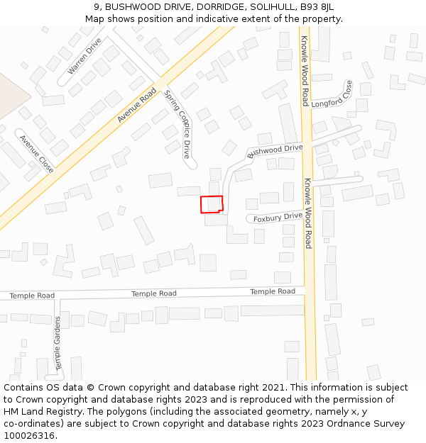 9, BUSHWOOD DRIVE, DORRIDGE, SOLIHULL, B93 8JL: Location map and indicative extent of plot