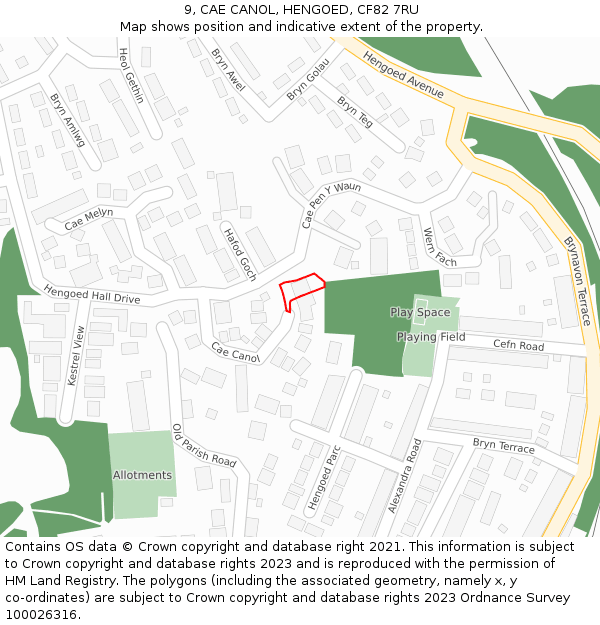 9, CAE CANOL, HENGOED, CF82 7RU: Location map and indicative extent of plot