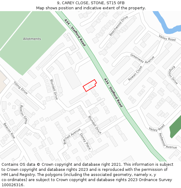 9, CAREY CLOSE, STONE, ST15 0FB: Location map and indicative extent of plot