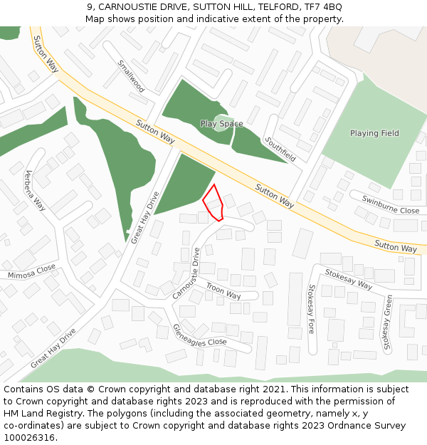 9, CARNOUSTIE DRIVE, SUTTON HILL, TELFORD, TF7 4BQ: Location map and indicative extent of plot