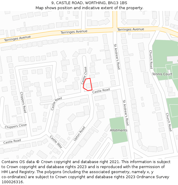 9, CASTLE ROAD, WORTHING, BN13 1BS: Location map and indicative extent of plot
