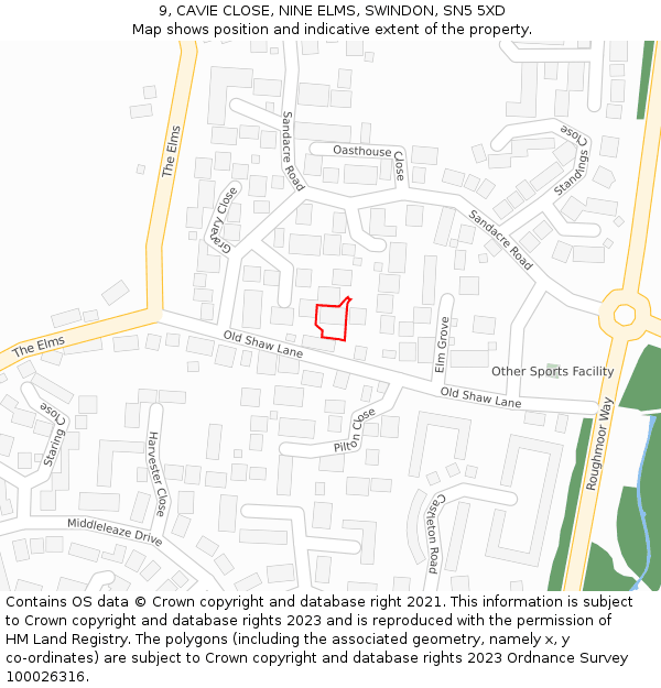 9, CAVIE CLOSE, NINE ELMS, SWINDON, SN5 5XD: Location map and indicative extent of plot