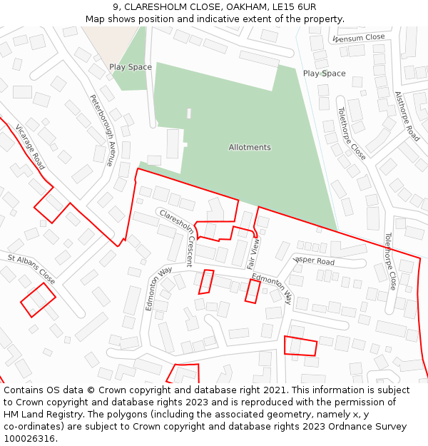 9, CLARESHOLM CLOSE, OAKHAM, LE15 6UR: Location map and indicative extent of plot