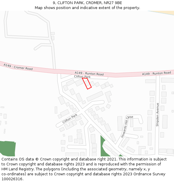 9, CLIFTON PARK, CROMER, NR27 9BE: Location map and indicative extent of plot