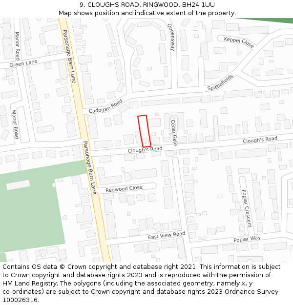 9, CLOUGHS ROAD, RINGWOOD, BH24 1UU: Location map and indicative extent of plot