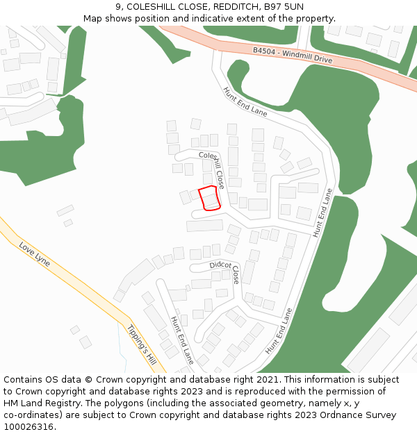 9, COLESHILL CLOSE, REDDITCH, B97 5UN: Location map and indicative extent of plot