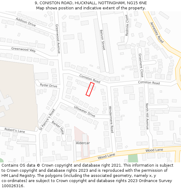 9, CONISTON ROAD, HUCKNALL, NOTTINGHAM, NG15 6NE: Location map and indicative extent of plot