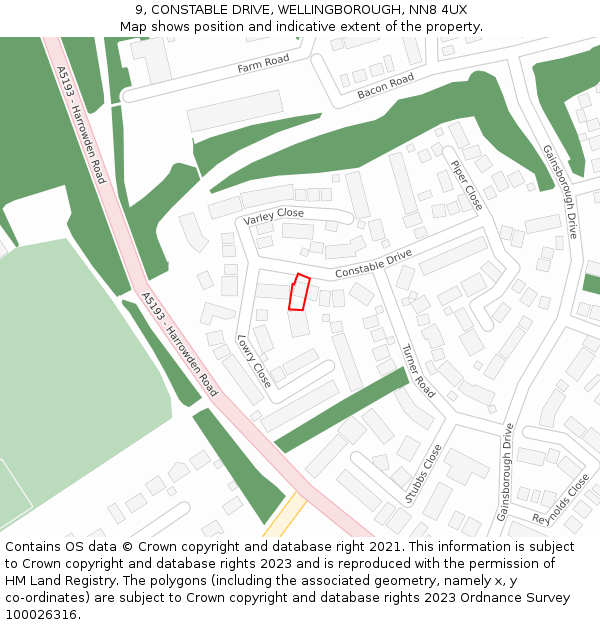 9, CONSTABLE DRIVE, WELLINGBOROUGH, NN8 4UX: Location map and indicative extent of plot