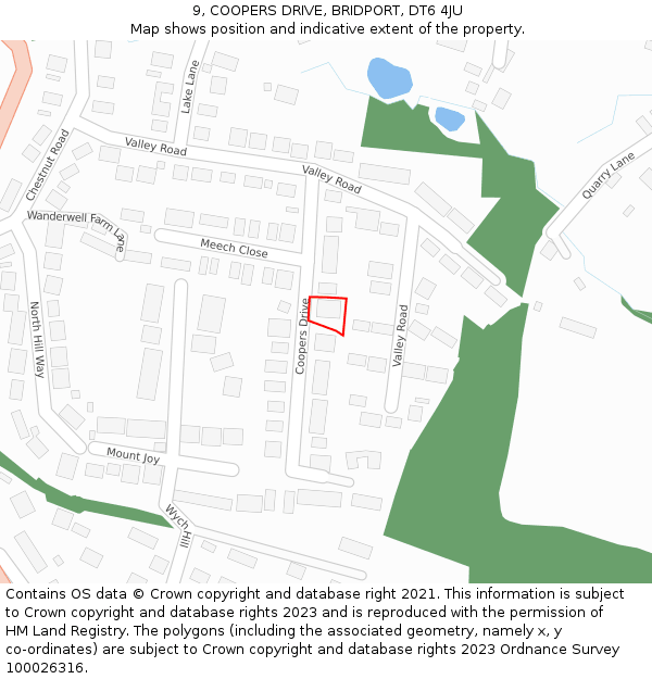 9, COOPERS DRIVE, BRIDPORT, DT6 4JU: Location map and indicative extent of plot