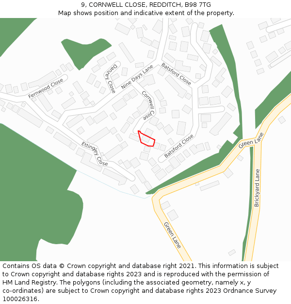 9, CORNWELL CLOSE, REDDITCH, B98 7TG: Location map and indicative extent of plot