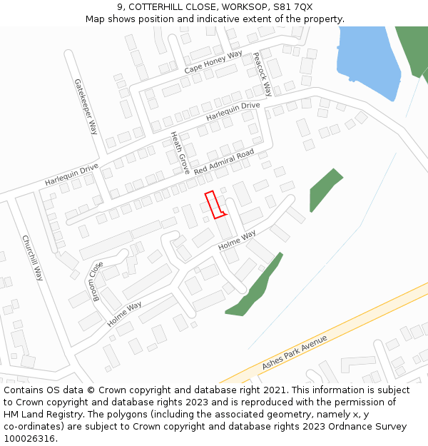 9, COTTERHILL CLOSE, WORKSOP, S81 7QX: Location map and indicative extent of plot