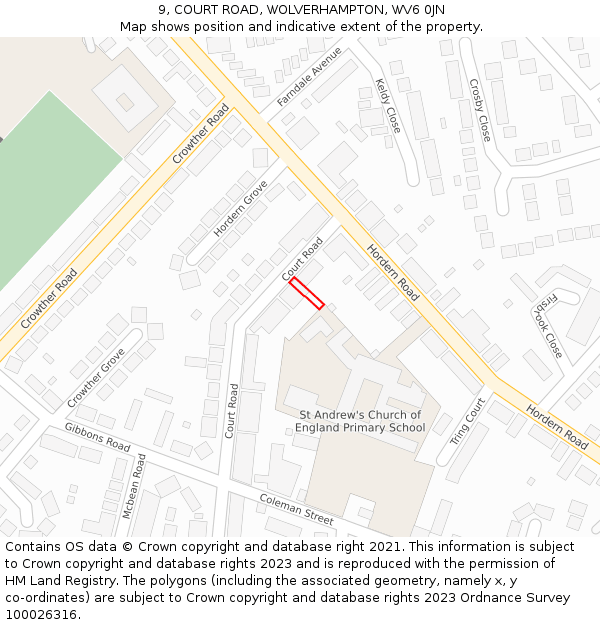 9, COURT ROAD, WOLVERHAMPTON, WV6 0JN: Location map and indicative extent of plot