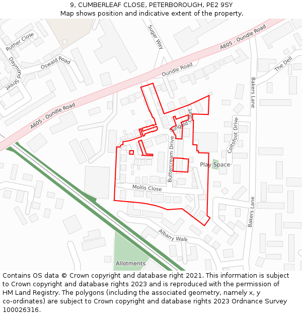9, CUMBERLEAF CLOSE, PETERBOROUGH, PE2 9SY: Location map and indicative extent of plot