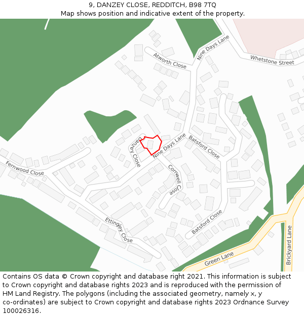 9, DANZEY CLOSE, REDDITCH, B98 7TQ: Location map and indicative extent of plot