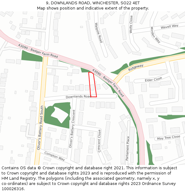 9, DOWNLANDS ROAD, WINCHESTER, SO22 4ET: Location map and indicative extent of plot