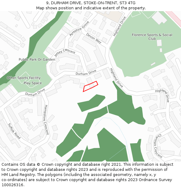 9, DURHAM DRIVE, STOKE-ON-TRENT, ST3 4TG: Location map and indicative extent of plot
