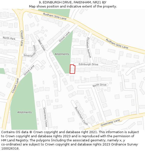 9, EDINBURGH DRIVE, FAKENHAM, NR21 8JY: Location map and indicative extent of plot