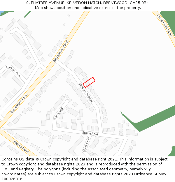 9, ELMTREE AVENUE, KELVEDON HATCH, BRENTWOOD, CM15 0BH: Location map and indicative extent of plot