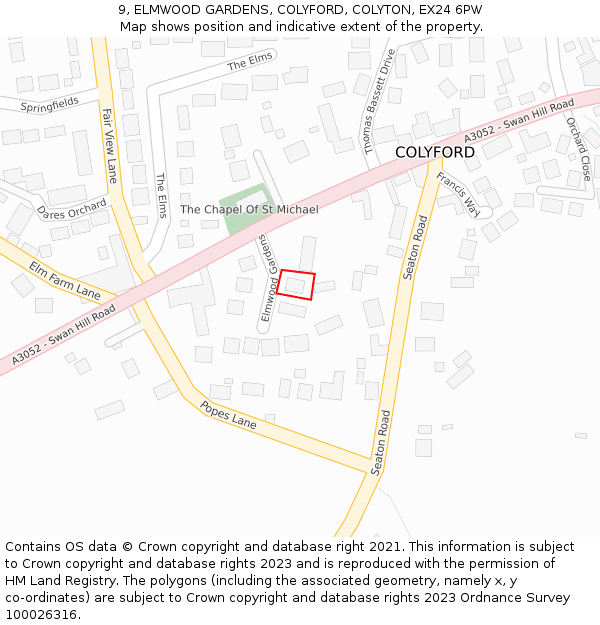 9, ELMWOOD GARDENS, COLYFORD, COLYTON, EX24 6PW: Location map and indicative extent of plot