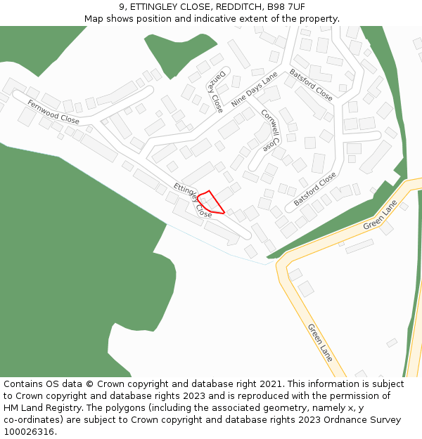 9, ETTINGLEY CLOSE, REDDITCH, B98 7UF: Location map and indicative extent of plot