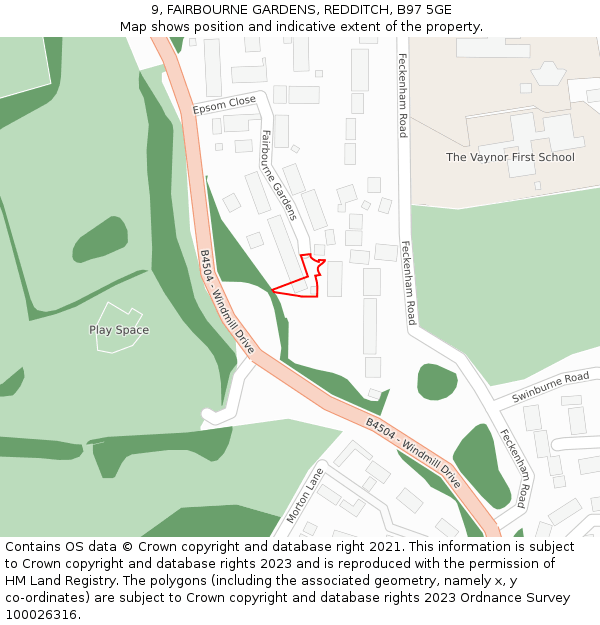 9, FAIRBOURNE GARDENS, REDDITCH, B97 5GE: Location map and indicative extent of plot
