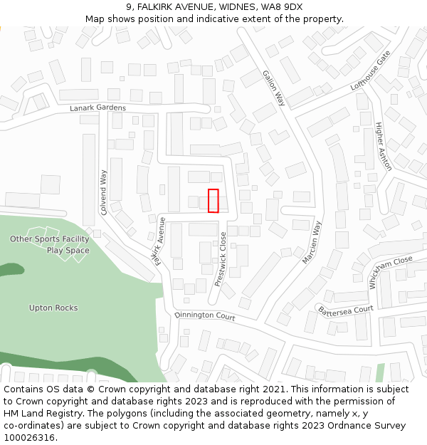 9, FALKIRK AVENUE, WIDNES, WA8 9DX: Location map and indicative extent of plot