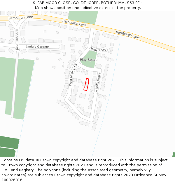 9, FAR MOOR CLOSE, GOLDTHORPE, ROTHERHAM, S63 9FH: Location map and indicative extent of plot