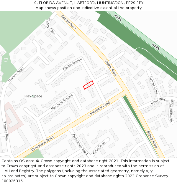 9, FLORIDA AVENUE, HARTFORD, HUNTINGDON, PE29 1PY: Location map and indicative extent of plot