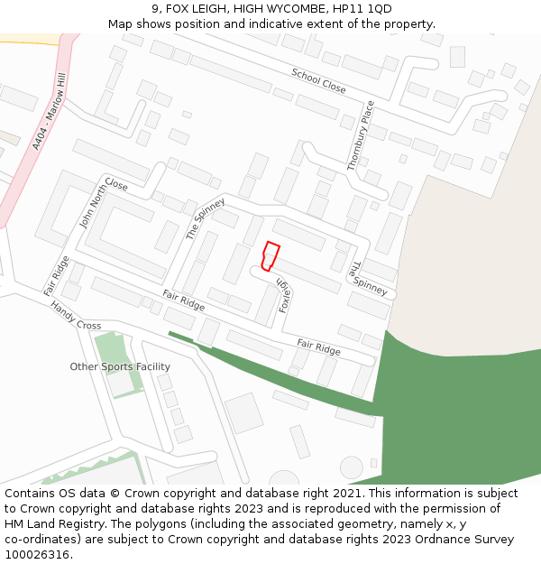 9, FOX LEIGH, HIGH WYCOMBE, HP11 1QD: Location map and indicative extent of plot