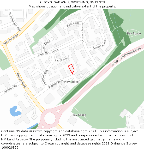 9, FOXGLOVE WALK, WORTHING, BN13 3TB: Location map and indicative extent of plot