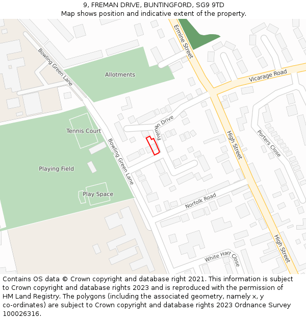 9, FREMAN DRIVE, BUNTINGFORD, SG9 9TD: Location map and indicative extent of plot