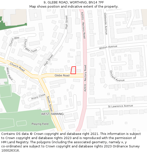 9, GLEBE ROAD, WORTHING, BN14 7PF: Location map and indicative extent of plot