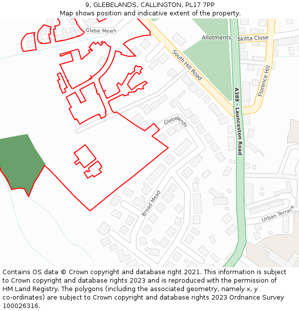 9, GLEBELANDS, CALLINGTON, PL17 7PP: Location map and indicative extent of plot