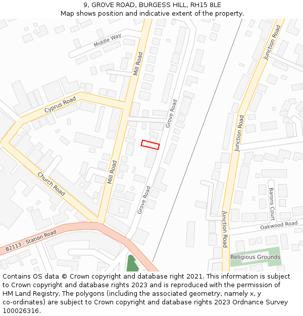 9, GROVE ROAD, BURGESS HILL, RH15 8LE: Location map and indicative extent of plot