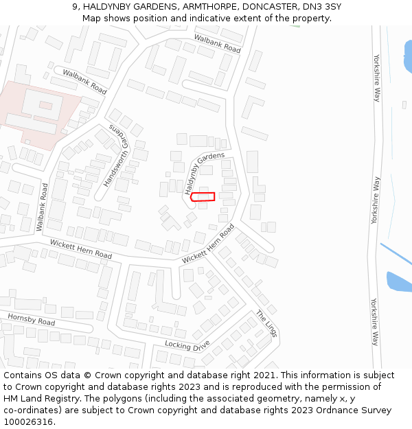 9, HALDYNBY GARDENS, ARMTHORPE, DONCASTER, DN3 3SY: Location map and indicative extent of plot