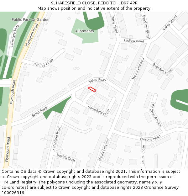 9, HARESFIELD CLOSE, REDDITCH, B97 4PP: Location map and indicative extent of plot