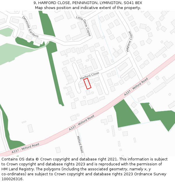 9, HARFORD CLOSE, PENNINGTON, LYMINGTON, SO41 8EX: Location map and indicative extent of plot