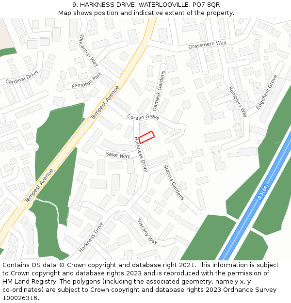 9, HARKNESS DRIVE, WATERLOOVILLE, PO7 8QR: Location map and indicative extent of plot