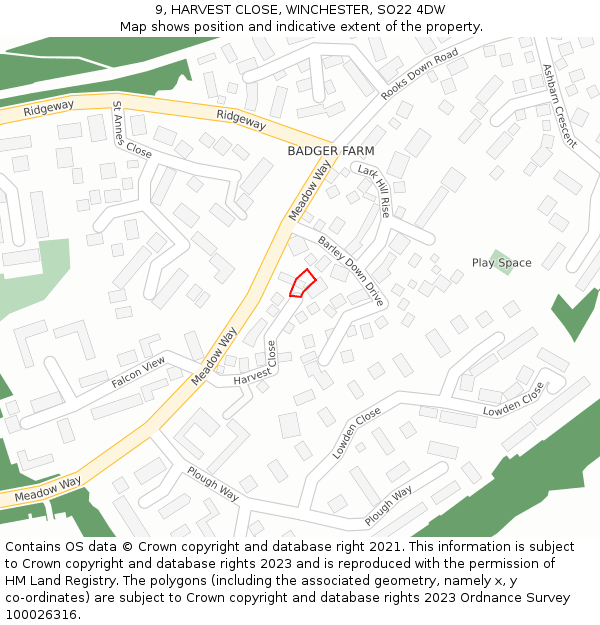 9, HARVEST CLOSE, WINCHESTER, SO22 4DW: Location map and indicative extent of plot