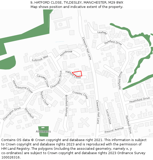 9, HATFORD CLOSE, TYLDESLEY, MANCHESTER, M29 8WX: Location map and indicative extent of plot