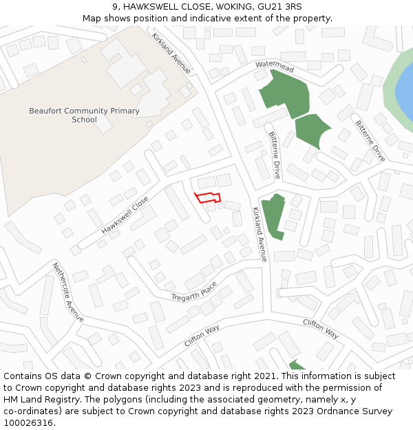 9, HAWKSWELL CLOSE, WOKING, GU21 3RS: Location map and indicative extent of plot