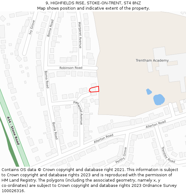 9, HIGHFIELDS RISE, STOKE-ON-TRENT, ST4 8NZ: Location map and indicative extent of plot