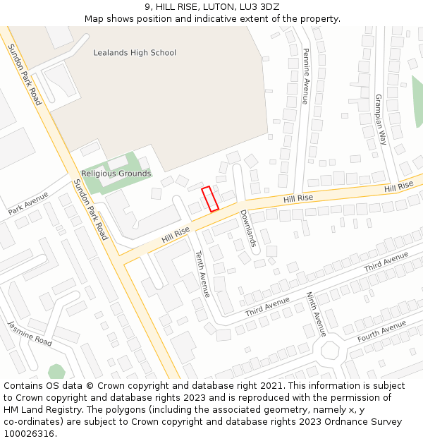 9, HILL RISE, LUTON, LU3 3DZ: Location map and indicative extent of plot