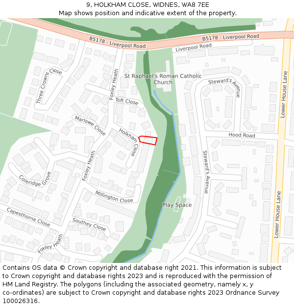 9, HOLKHAM CLOSE, WIDNES, WA8 7EE: Location map and indicative extent of plot