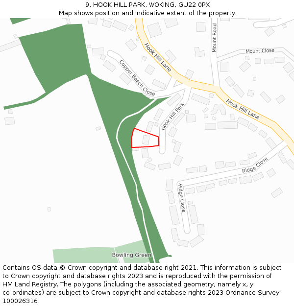 9, HOOK HILL PARK, WOKING, GU22 0PX: Location map and indicative extent of plot