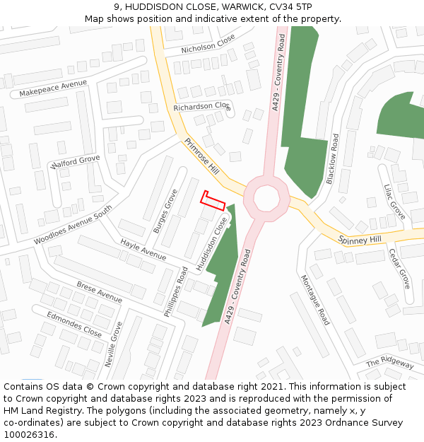 9, HUDDISDON CLOSE, WARWICK, CV34 5TP: Location map and indicative extent of plot