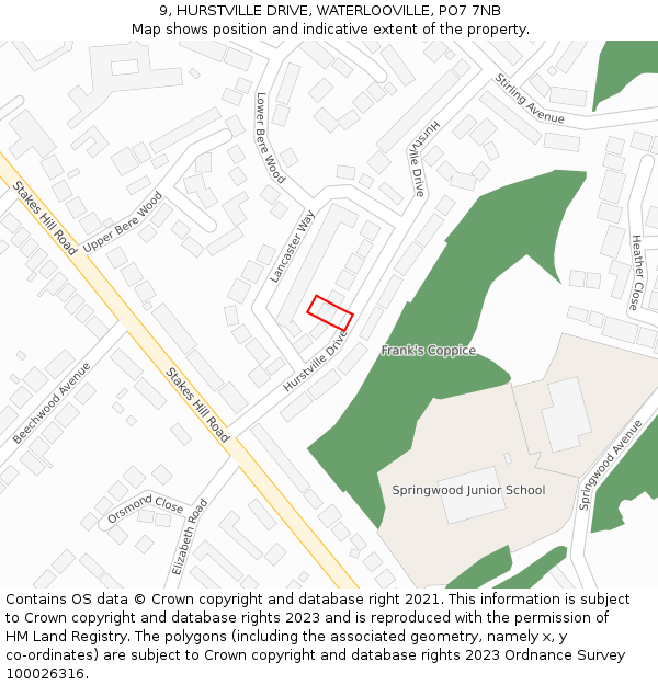 9, HURSTVILLE DRIVE, WATERLOOVILLE, PO7 7NB: Location map and indicative extent of plot