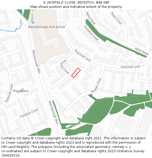 9, JACKFIELD CLOSE, REDDITCH, B98 0BF: Location map and indicative extent of plot