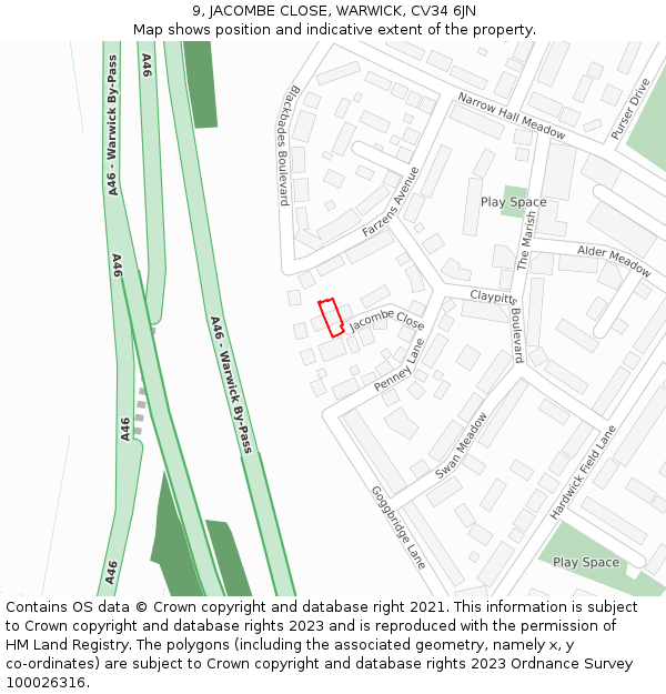 9, JACOMBE CLOSE, WARWICK, CV34 6JN: Location map and indicative extent of plot